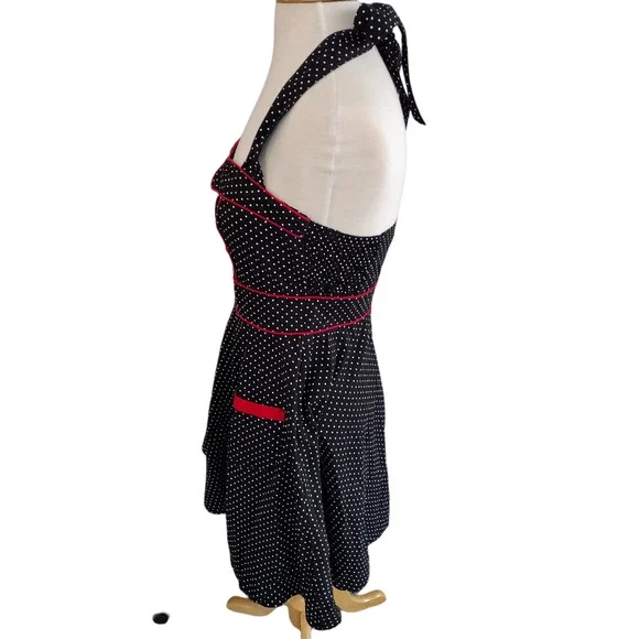 Hell Bunny | Black Polka Dot Red Trim Sweetheart Halter Fit & Flare Dress - Picture 4 of 14
